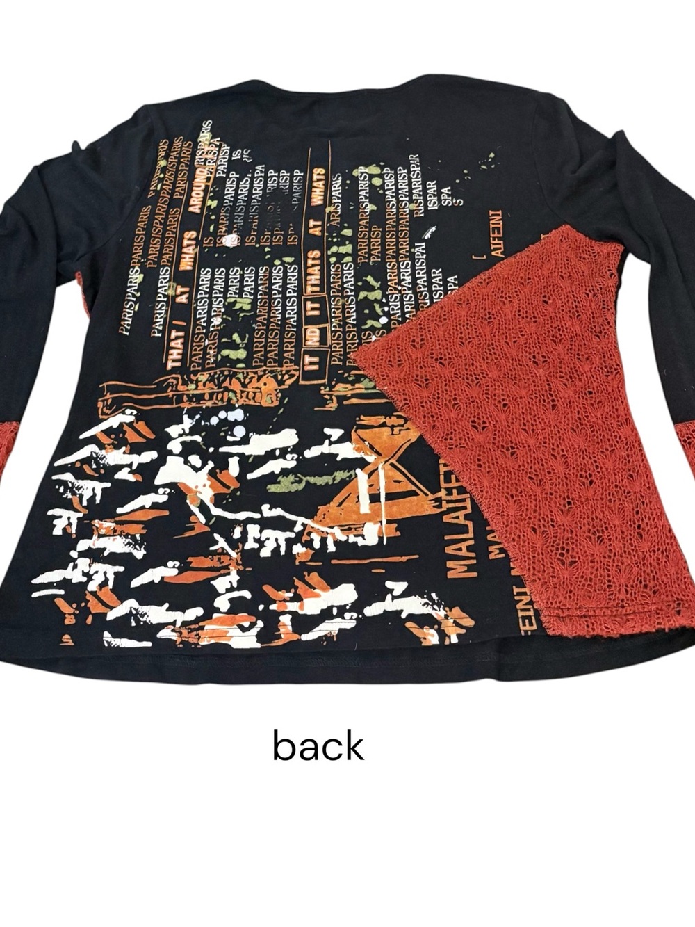 fresh fx Black Rust Artsy Collage Patch work Gothic Y2K Long Sleeve Top Sz L - Picture 4 of 7
